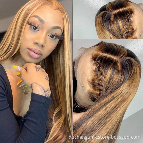 Uniky Piano 30 Inch Long Straight Brown 13X4 Transparent Lace Highlighted Human Hair Wigs 10a Highlight Body Wave Hair Full Wig